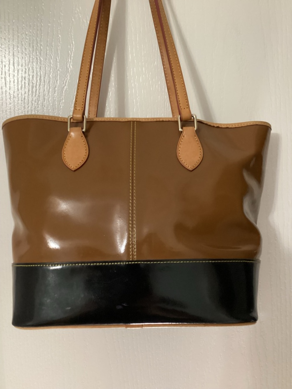 Dooney & Bourke Brown and Black Patent Tote with Heart Charm - Picture 2 of 8